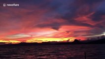 Beautiful sunset forms over Taal Volcano in the Philippines