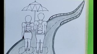 How to draw brother and sister with umbrella scenery / Brother & sister pencil sketche