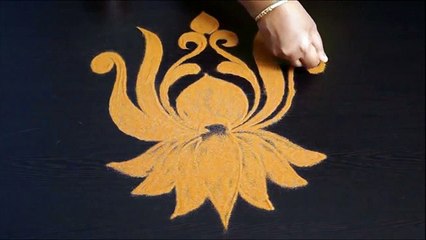 creative lotus golden, rangoli design without dots ,  peacock lotus kolam design , easy friday muggu