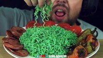 ASMR GREEN NOODLES   SAUSAGES   ROASTED PEPPERS   TOMATOES | EATING SOUND (NO TALKING)  BEST SOUND