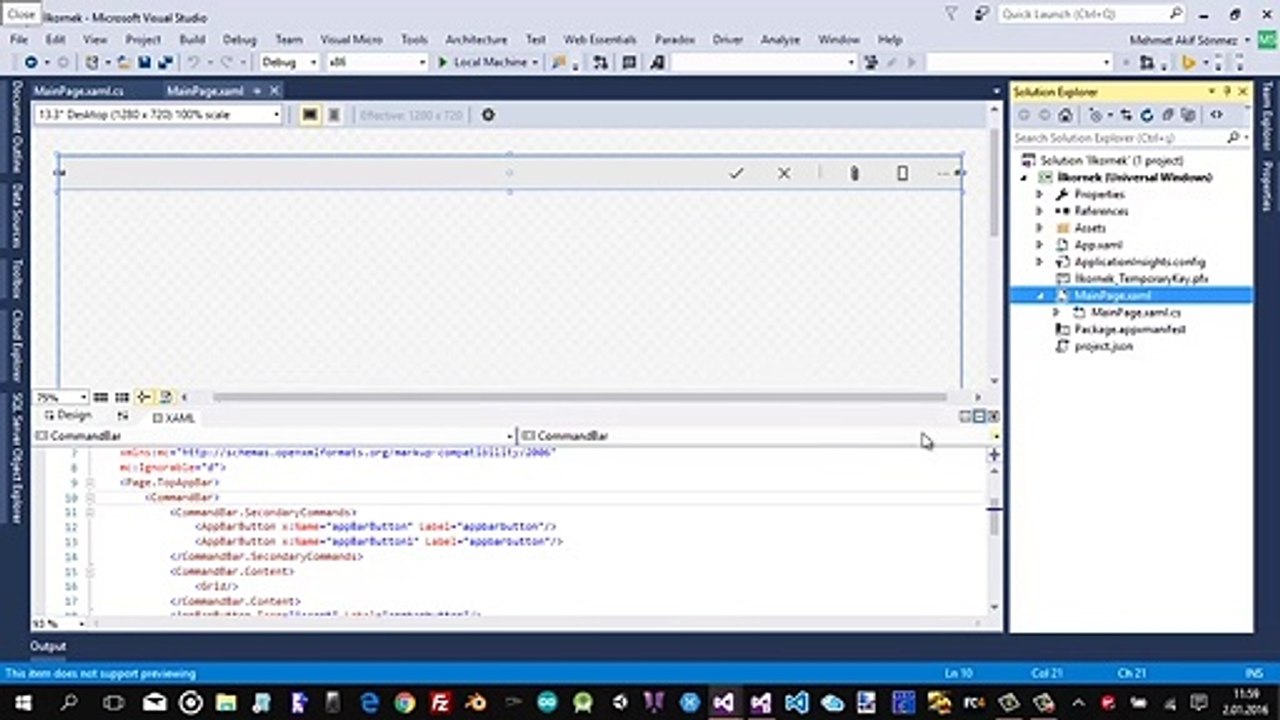 WİNDOWS 10 UYGULAMA GELİŞTİRME: 7. CommandBarın Blend for Visual Studio ile yapılması