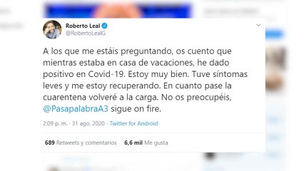 Roberto Leal confiesa que tiene coronavirus