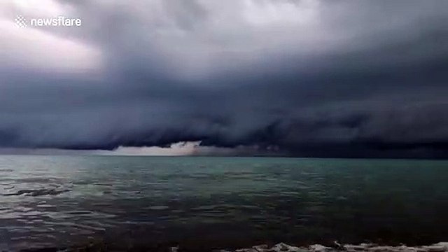 Impressive rotating shelf cloud hovers over Lake Huron in Ontario, Canada