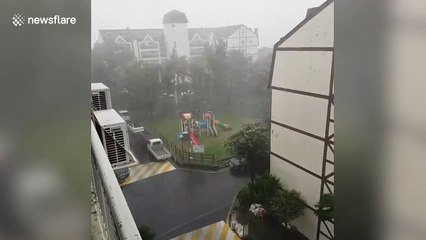 Heavy rain brought by Typhoon Maysak drenches children's playground in South Korea