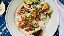 How to Make Crispy Salmon With Cucumber-Tomato Salad and White Barbecue Sauce