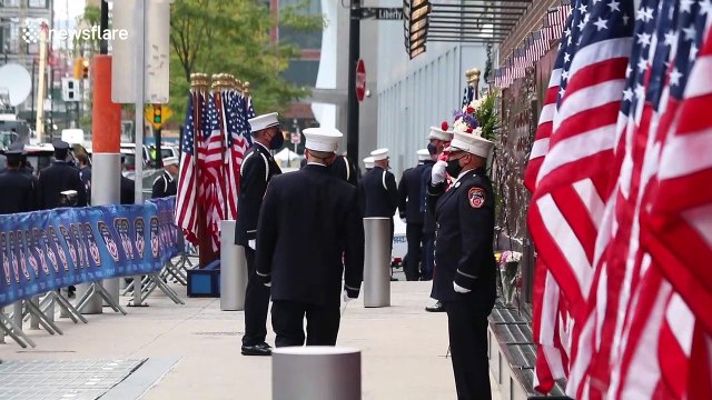 Firefighters gather at ground zero in New York City on anniversary of 9/11