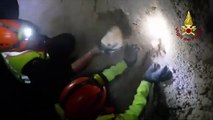 Bomberos rescatan a un perro de los escombros del sismo del domingo en Italia