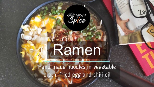 Japanese Ramen (Home Made Wheat Noodles in Vegetable Broth, Marbled Egg, Chili Oil and Chili Flakes)