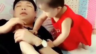 Japanese girl playing with her father is very funny