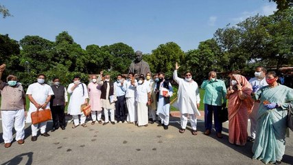 Farm bills: Opposition parties write to Prez; Suspended MPs hold indefinite dharna in Parliament premises; more