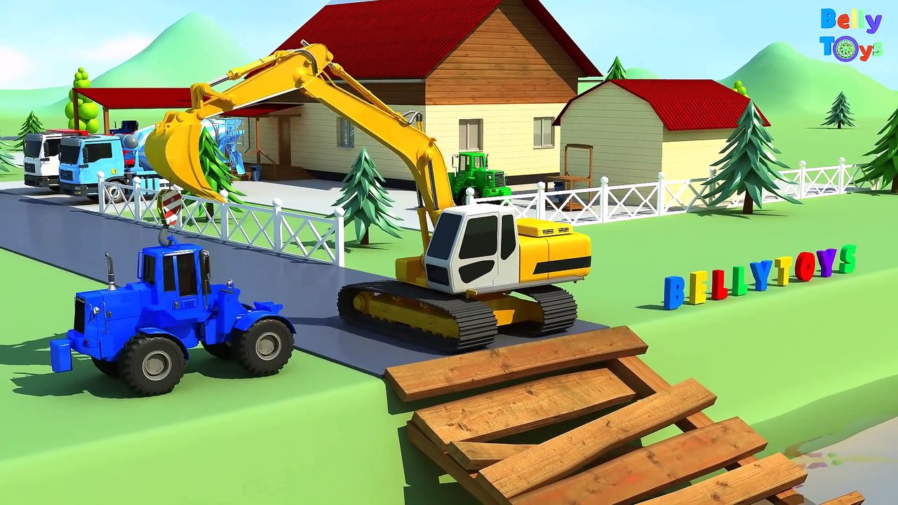 Vehicules de rue Сonstruire le pont avec Excavatrice voitures dessin animé