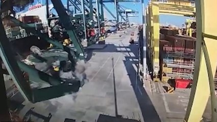 Moment 180ft crane collapses with the operator still inside after it is hit by container ship