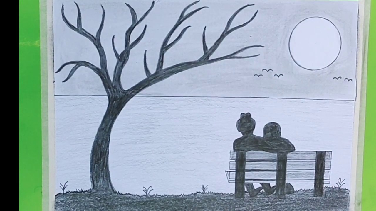 How to draw Romantic Couple sitting on the Moon - with Pencil Sketch 