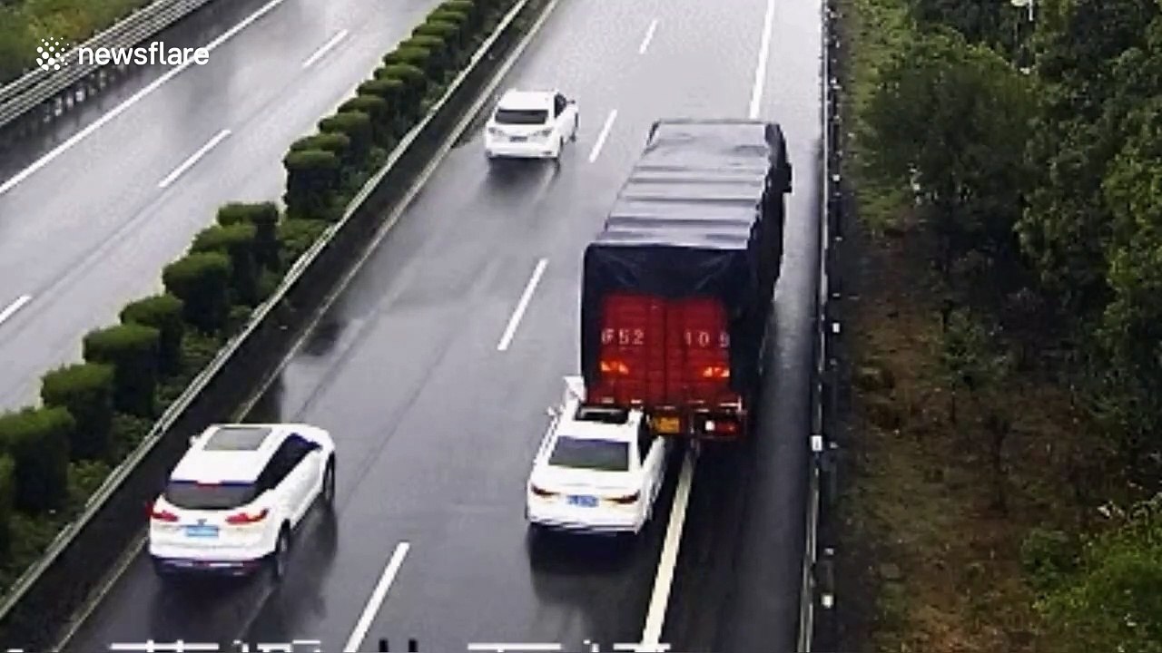 Motorists miraculously escape death after car crushed and dragged under truck rear