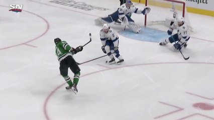 Brayden Point helps out Andrei Vasilevskiy with blocked shot