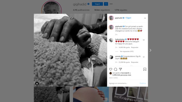 Gigi Hadid y Zayn Malik anuncian el nacimiento de su primera hija