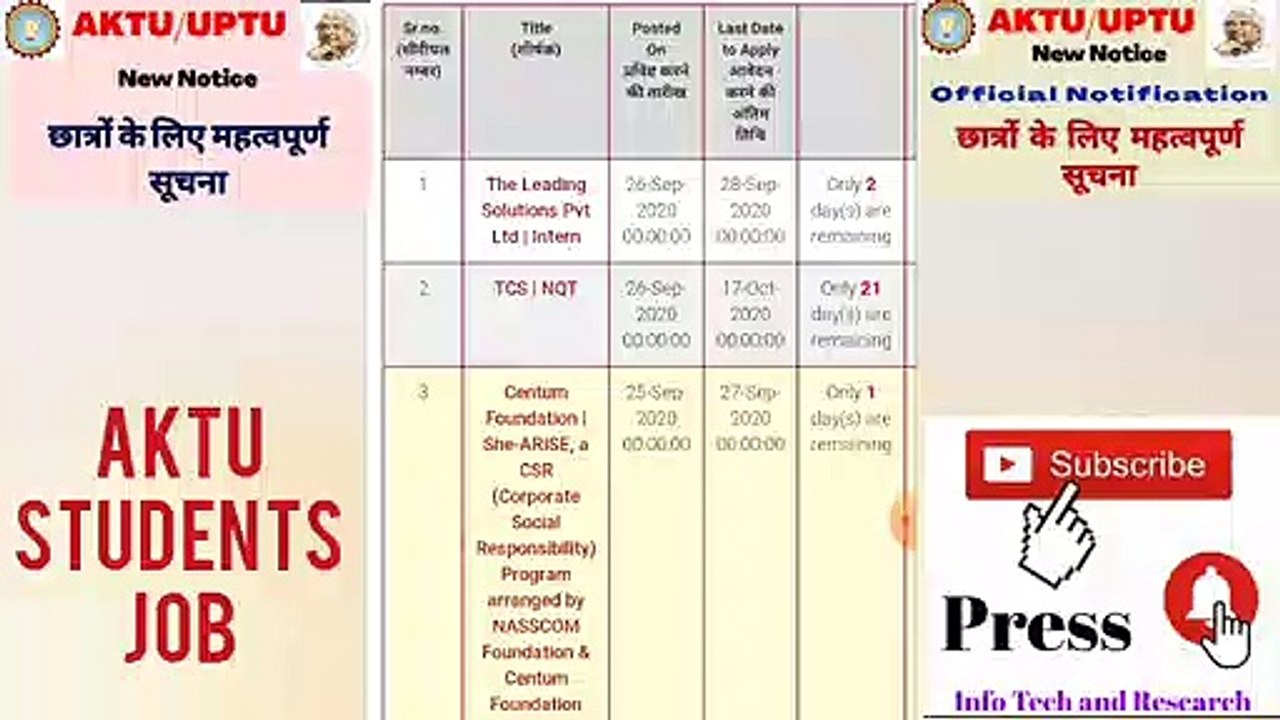 AKTU छात्रों के लिए महत्वपूर्ण सूचना । Official Notice for final year students | AKTU job in 3 comp.