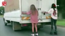 Antalya’da patenci kızların kamyonet arkasında tehlikeli oyunu