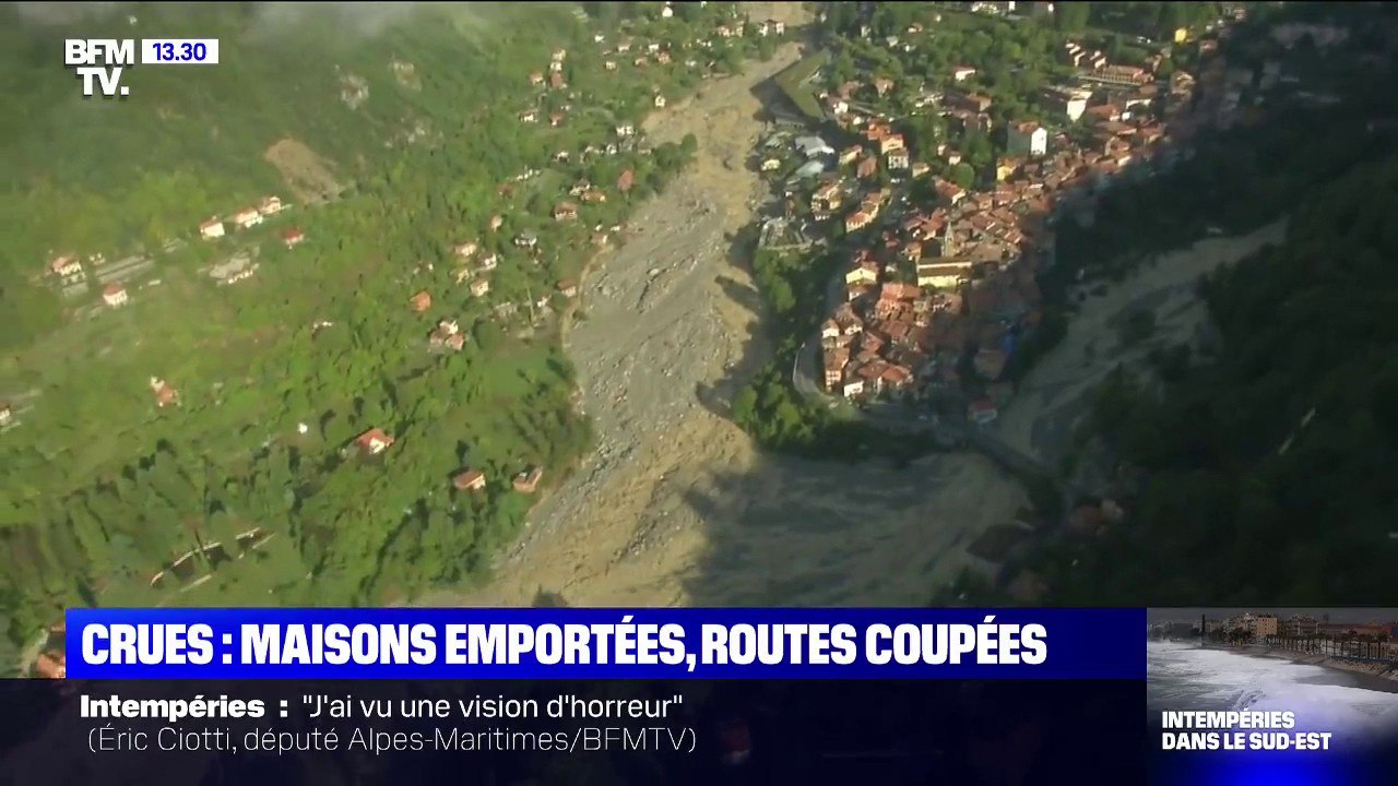 Maisons emportées, routes coupées... Les images aériennes des zones sinistrées dans les Alpes-Maritimes