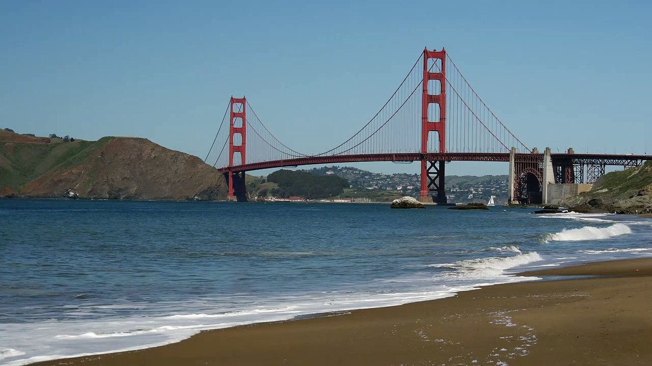 Beach with the Golden Gate Bridge in the background nature beautiful royalty Free Stock no copyright video Free for commercial use dron dron aerial view