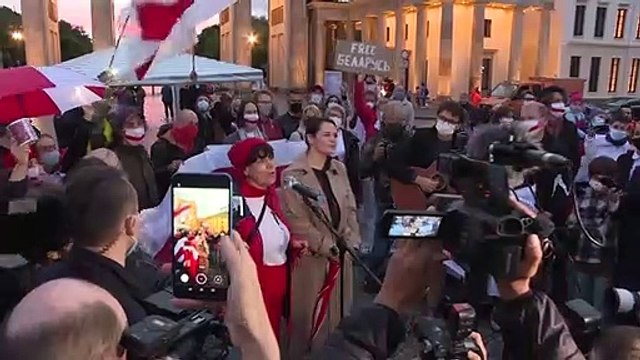Belarus opposition leader joins Berlin protest ahead of Merkel meeting