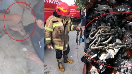 Yangından son anda kurtulmuştu...Çocuklarını zincirle bağlayan ailenin savunması şok etti