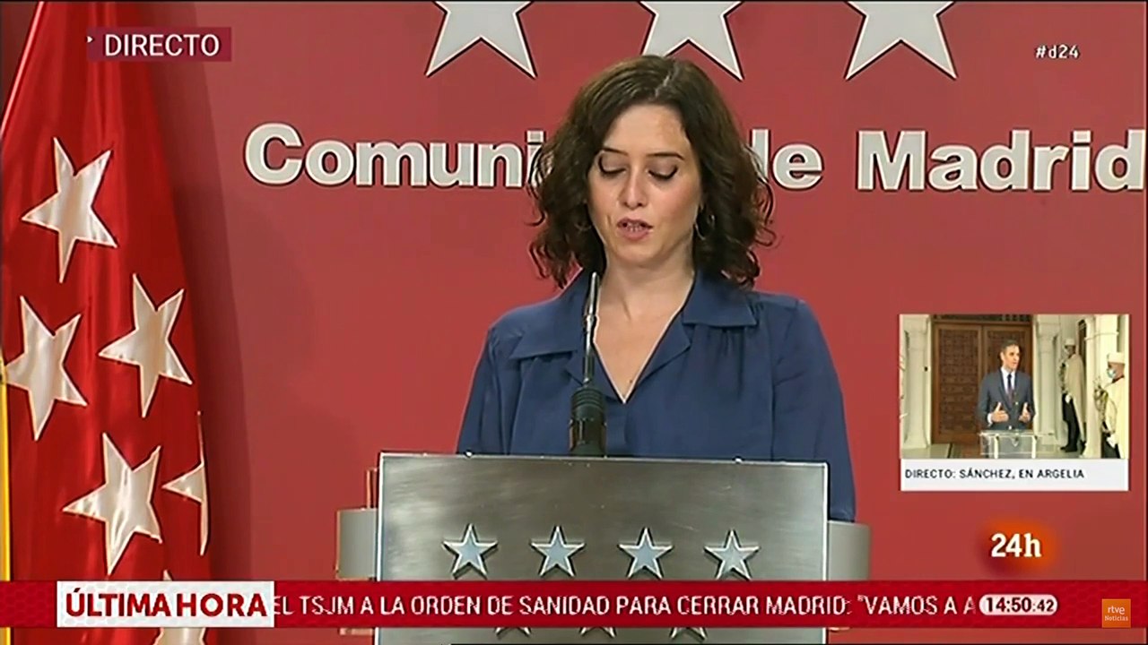 Comparecencia de Isabel Díaz Ayuso tras la decisión del Tribunal Superior de Justicia de Madrid de retirar las restricciones