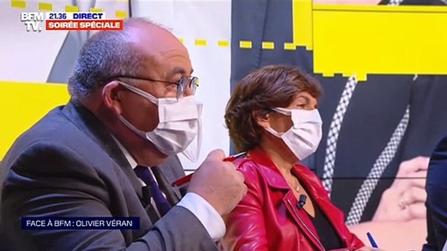 Olivier Véran invité de la soirée spéciale Face à BFM : Olivier Véran . Le ministre de la Santé a redécouvert des images de lui lorsqu'il était jeune médecin et qu'il était en grève sous la présidence de Nicolas Sarkozy.