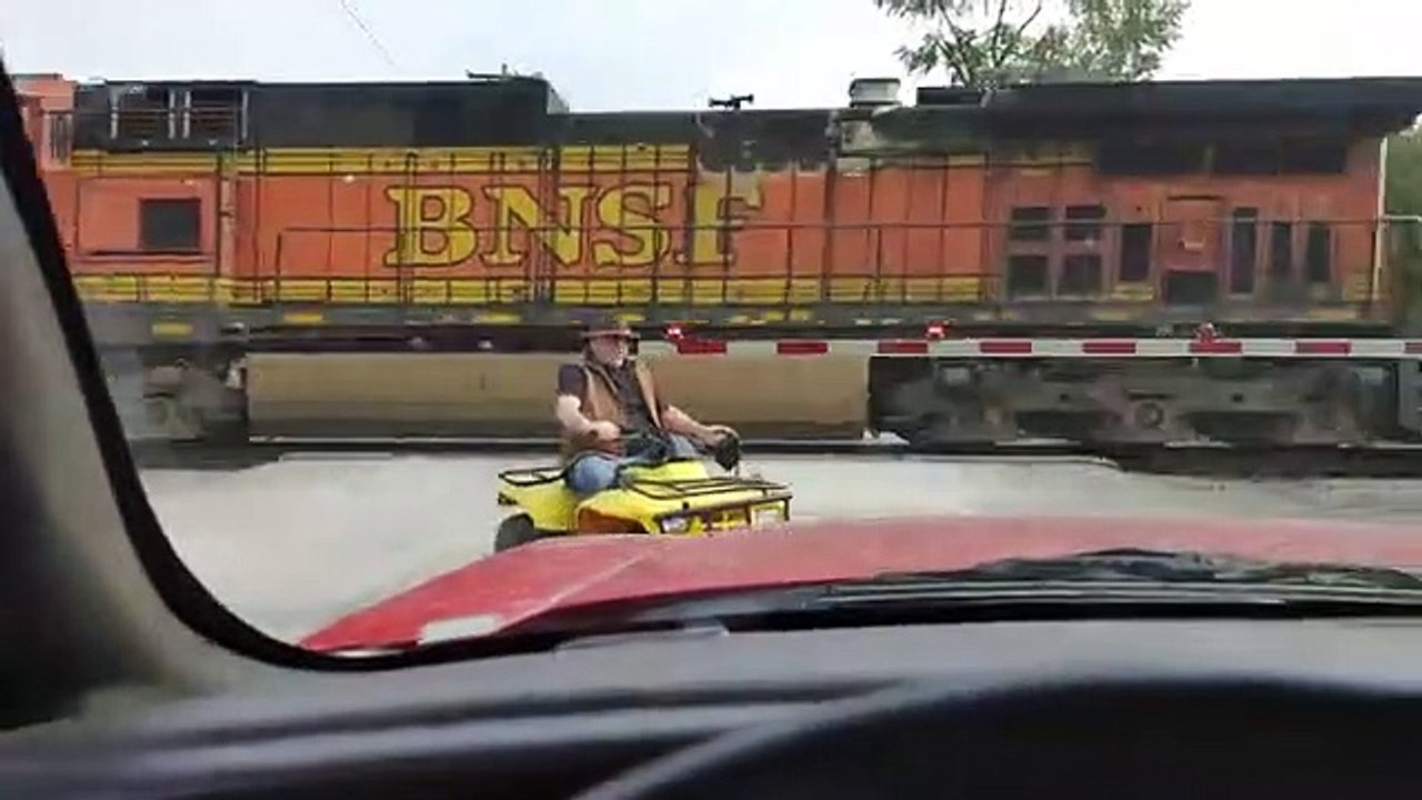 Homme sur un quad avec son chien vs Train