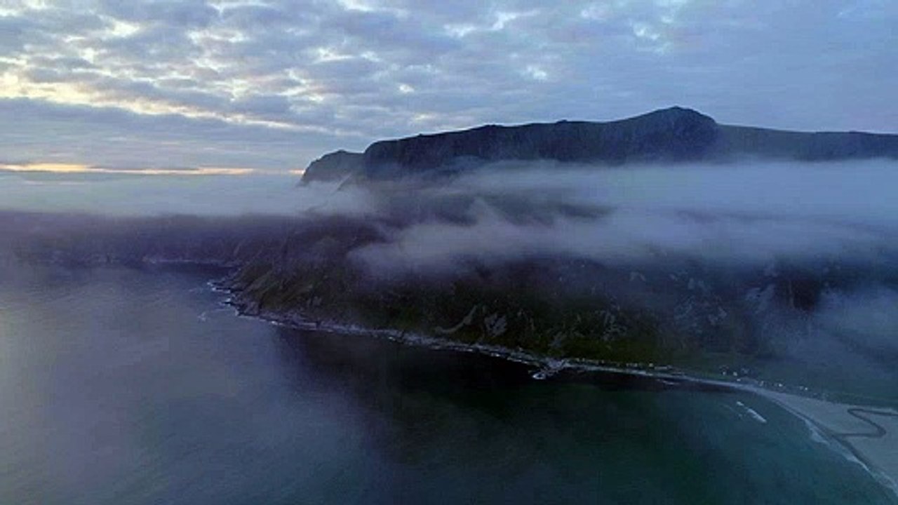 Cloudy aerial view of Hoddvika Beach in Norwaynatural beautiful royalty Free Stock no copyright video Free for commercial use dron dron aerial view