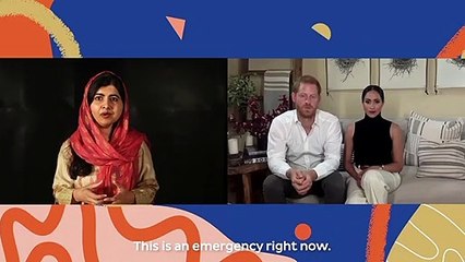 Le prince Harry et Meghan Markle en visioconférence avec la militante Malala Yousafzai, octobre 2020 sur Instagram.