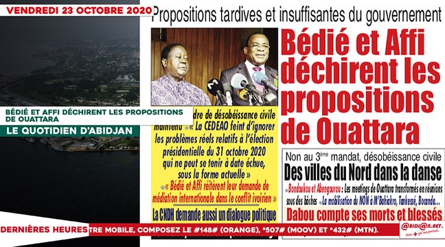 Le titrologue du Vendredi 23 Octobre 2020/ Bédié et Affi déchirent les propositions de Ouattara