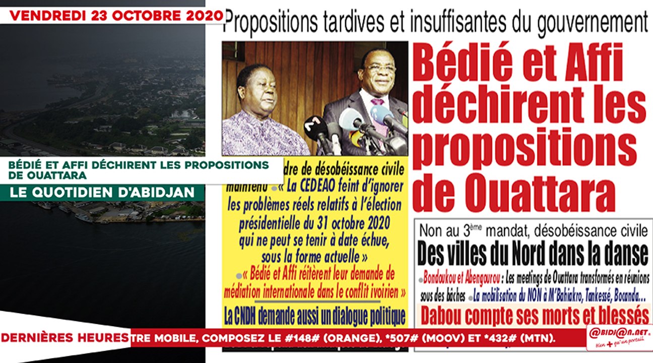 Le titrologue du Vendredi 23 Octobre 2020/ Bédié et Affi déchirent les propositions de Ouattara