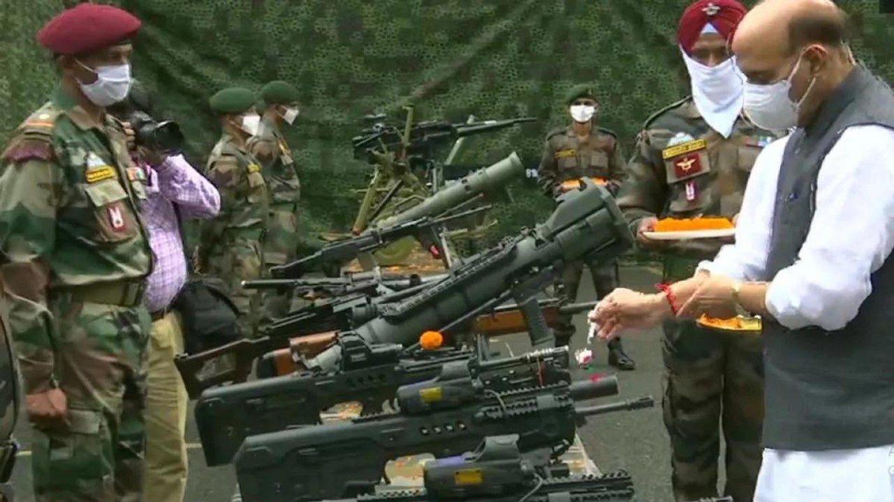 Defence minister Rajnath Singh performs 'shastra pooja'