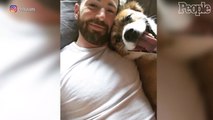 Shirtless Chris Evans Hangs with His Cute Rescue Dog Dodger in New Photo