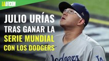 El festejo de Julio Urías tras ganar la Serie Mundial con los Dodgers