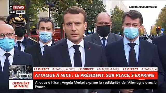 les déclarations d'Emmanuel Macron depuis Nice quelques heures après l'attaque: La France est attaquée. Tous les lieux de culte et les écoles vont être protégés - VIDEO