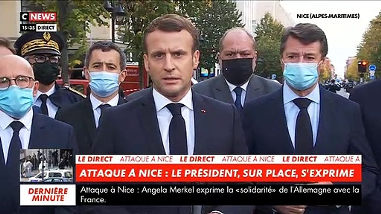 les déclarations d'Emmanuel Macron depuis Nice quelques heures après l'attaque: ""La France est attaquée. Tous les lieux de culte et les écoles vont être protégés" - VIDEO