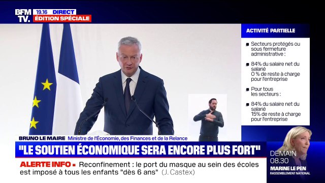 Bruno Le Maire sur le soutien à l'économie: Toutes ces mesures représentent un coût que nous évaluons à 15 milliards d'euros par mois de confinement