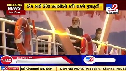 PM Modi on board the 'Ekta Cruise'- ferry boat service from Shrestha Bharat Bhavan to SoU in Kevadia