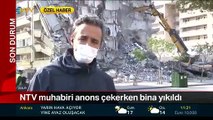 İzmir'de kontrollü yıkım; NTV muhabiri anons yaparken bina bir anda böyle çöktü