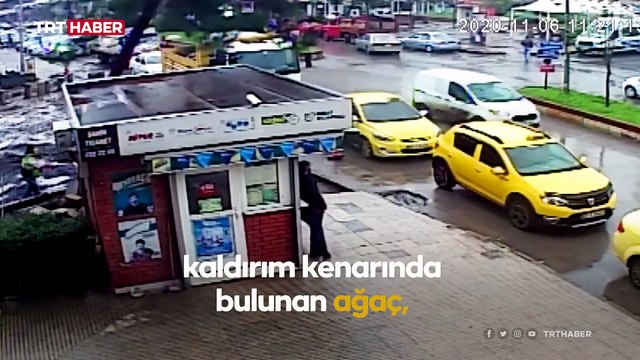 Ağacın taksinin üzerine devrilme anı kamerada