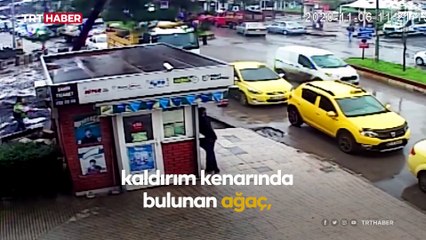 Ağacın taksinin üzerine devrilme anı kamerada