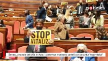 Senato, protesta del M5s in Aula: i portavoce mostrano cartelli con la scritta 