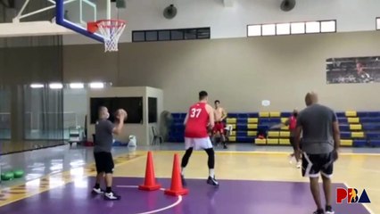 Ginebra rookie Ken Sagulo works on post moves in practice