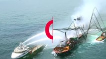 شاهد: الجهود متواصلة لإخماد حريق نشب على سفينة راسية في سيريلانكا