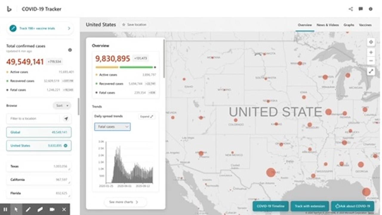 Coronavirus United States - live map tracker from Bing