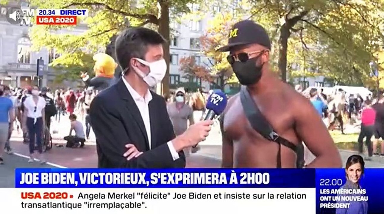 Election US - Regardez cette séquence sur BFM TV qui fait le buzz : Maxime Switek en direct perturbé par un américain torse nu qui aime "le fromage et les croissants français !"