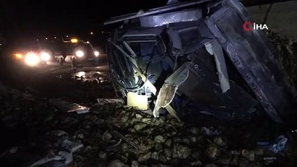 Pancar yüklü kamyon devrildi, sürücü ağır yaralandı