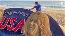 Indian artist creates Biden and Harris sand sculpture